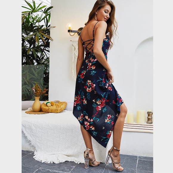 Applique Lace Up Floral Navy Asymmetrical Dress - Picture 4 of 7